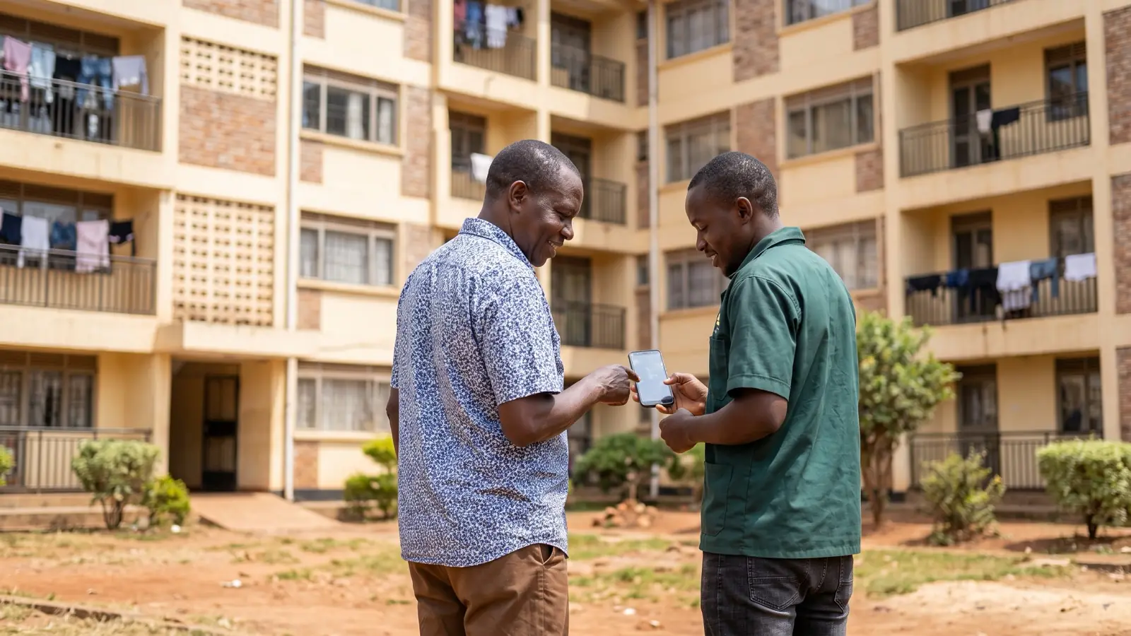 A landlord and his caretaker looking at a phone together outside a block of flats in Uganda