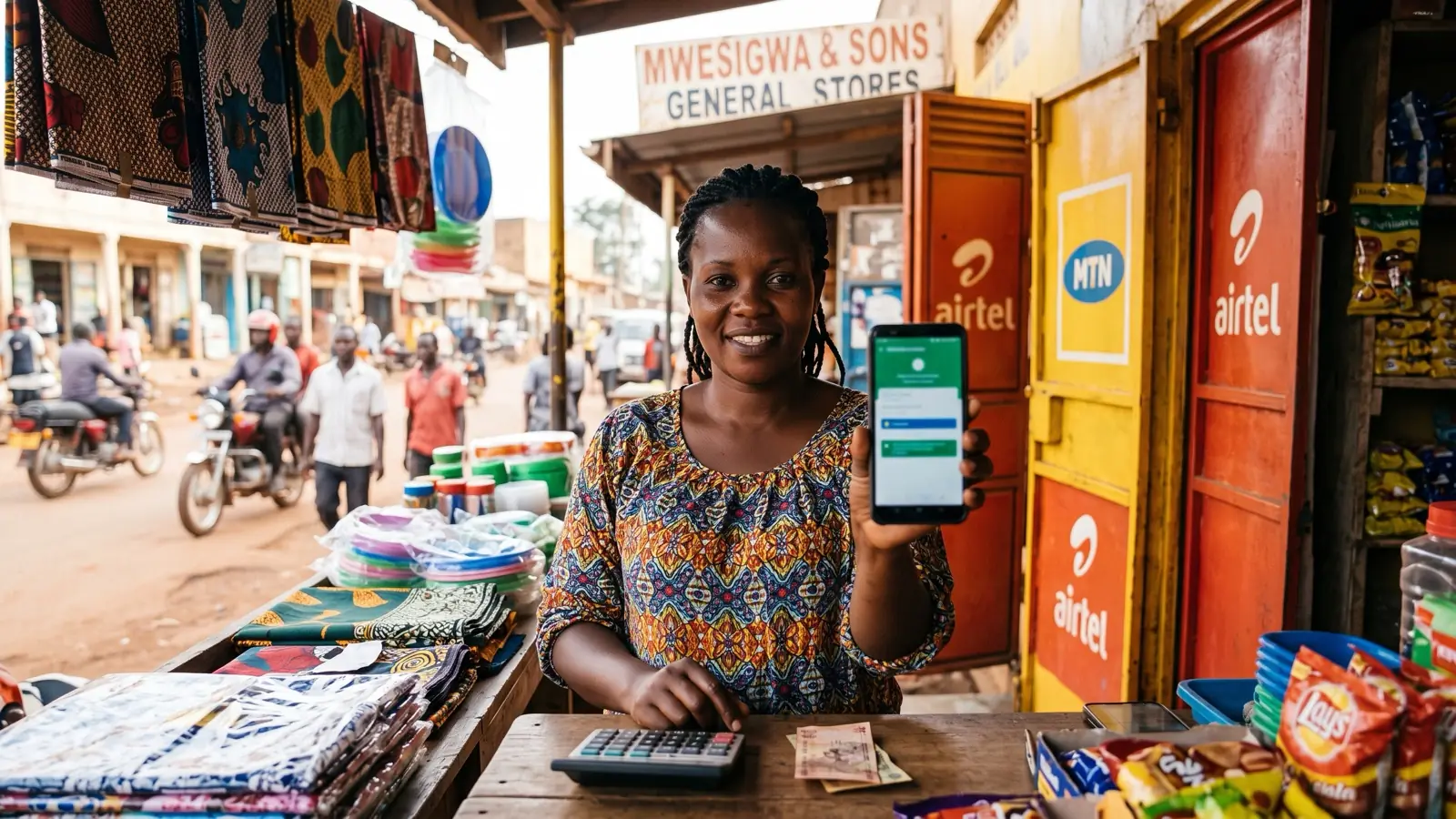 A shop tenant in Kampala holding up a mobile money payment confirmation on her phone