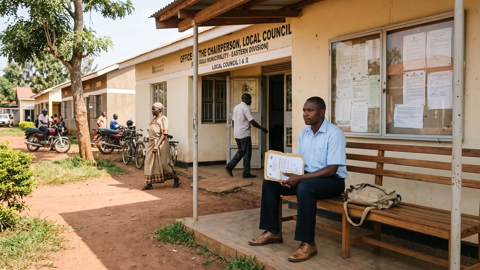 A landlord with a folder of documents waiting outside a local council office in Uganda