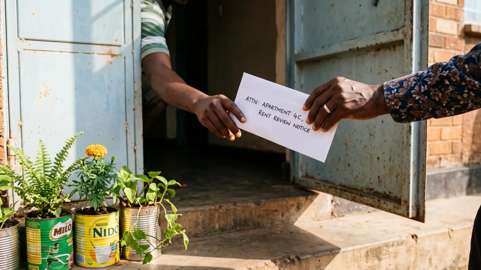 A rent review notice being handed over at the doorway of a flat in Uganda