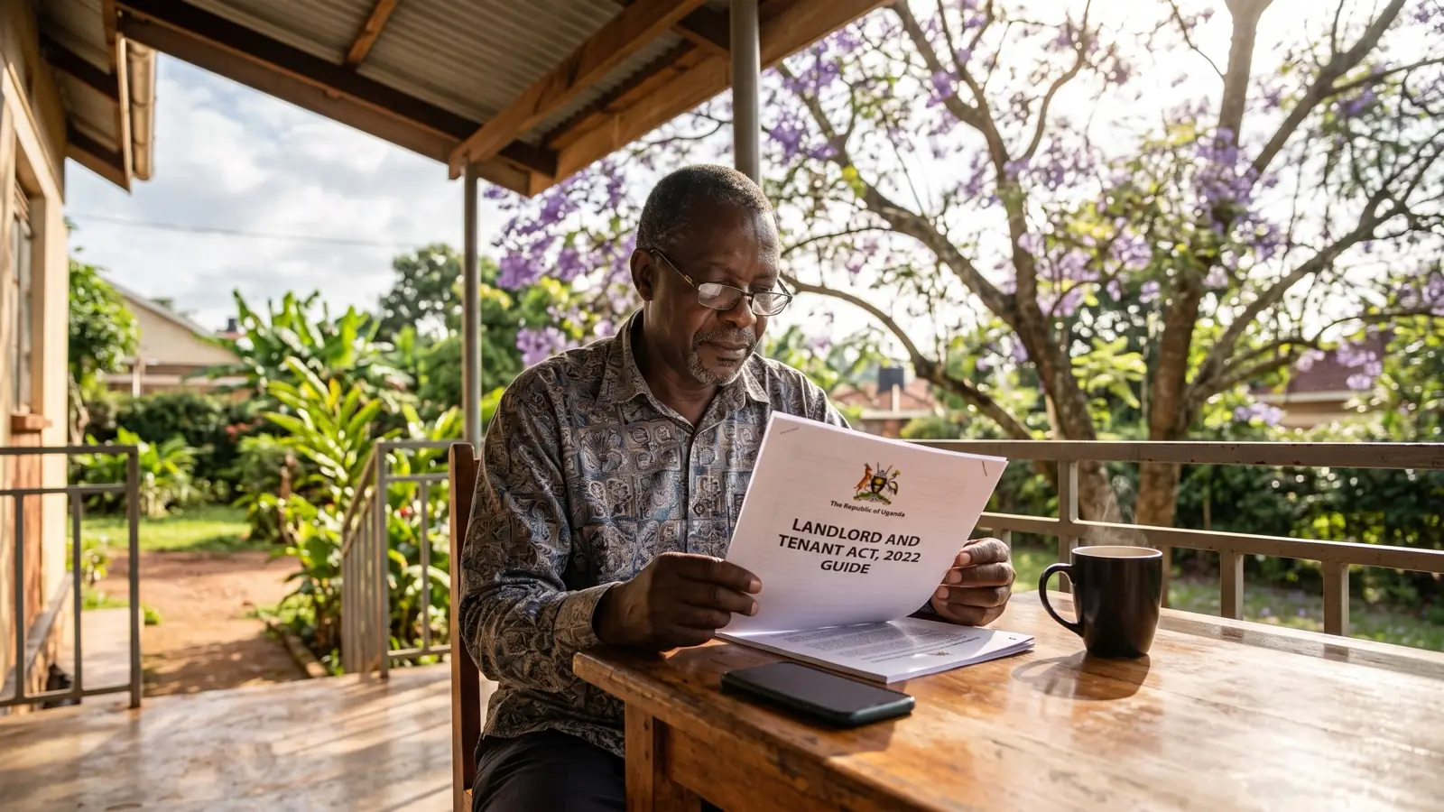 A Ugandan landlord reading a printed guide to the Landlord and Tenant Act 2022 on his veranda