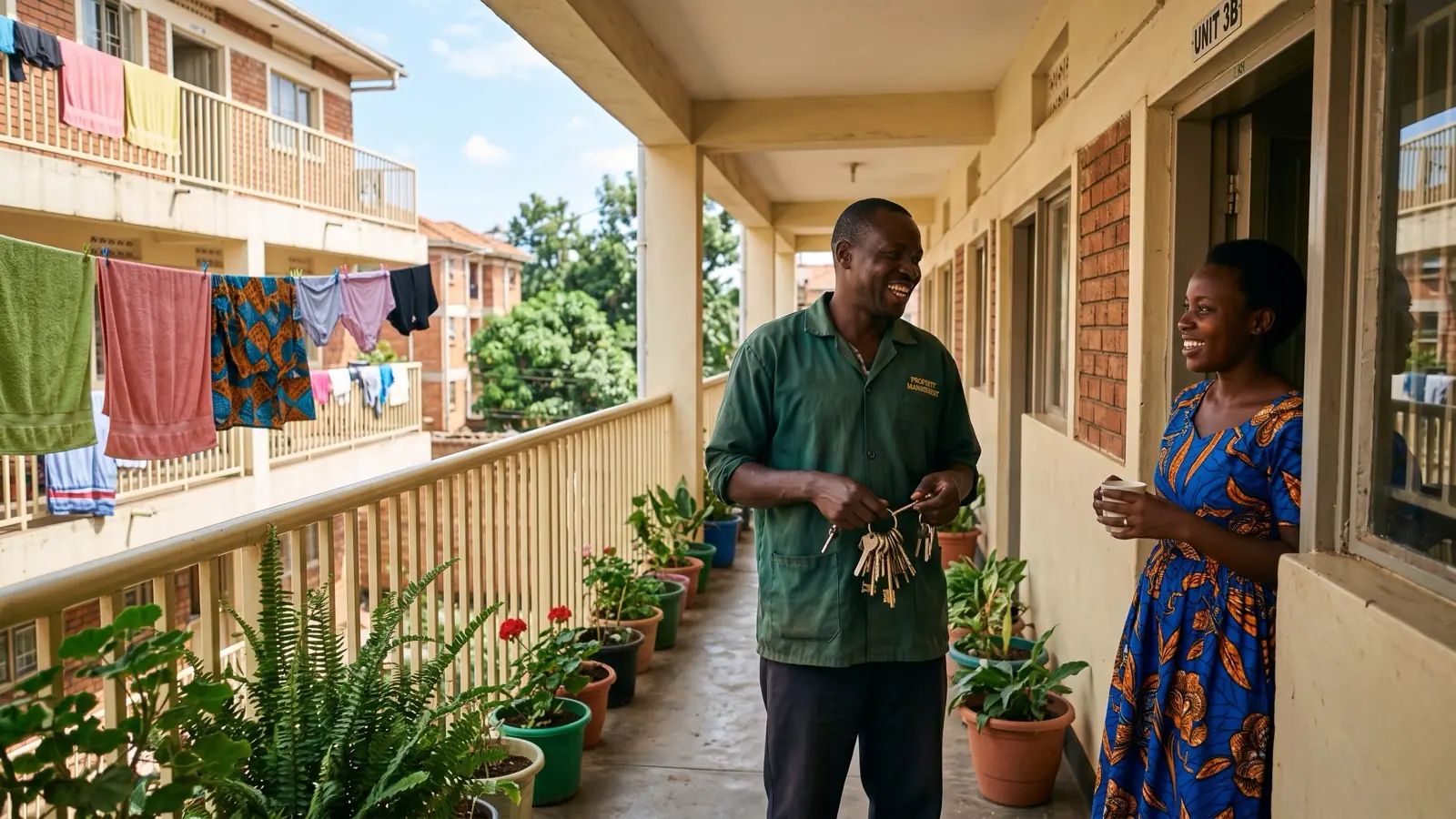 A caretaker with a bunch of keys chatting with a tenant on the corridor of a rental block