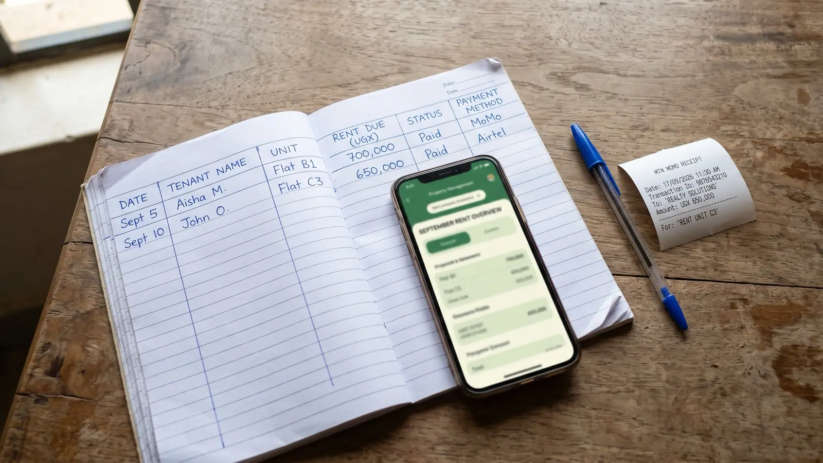 A handwritten rent ledger, a phone showing a rent app, and a mobile money receipt on a table