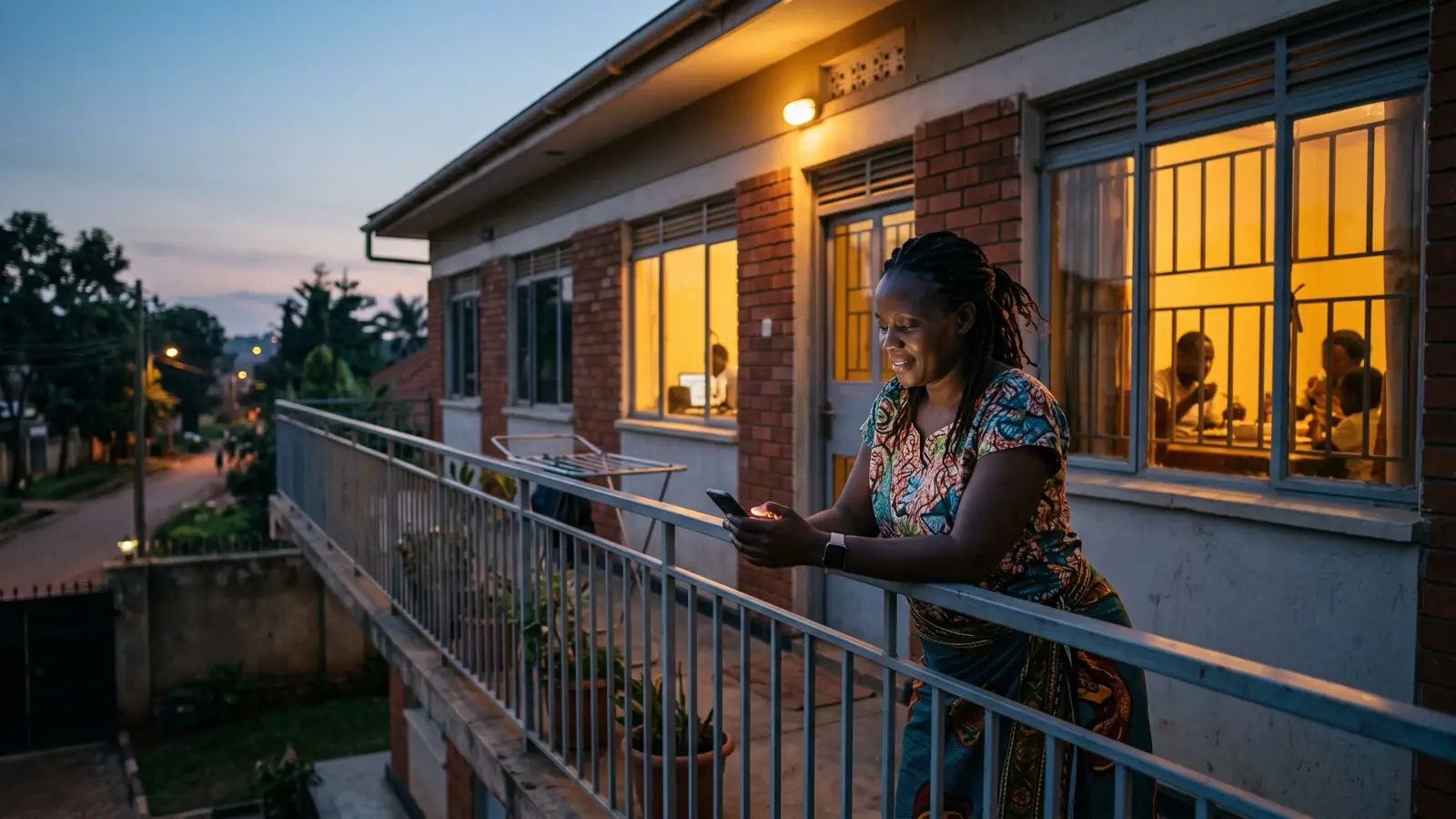 A landlord on the balcony of her rental block at dusk, calmly checking rent on her phone