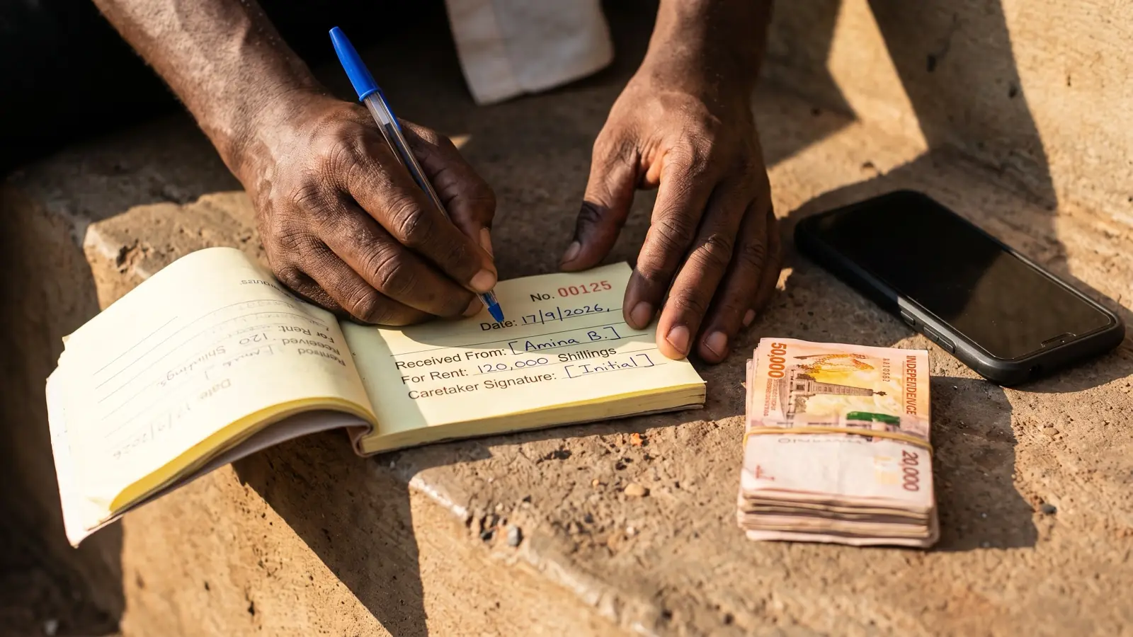 A caretaker writing a numbered rent receipt in a carbon-copy book next to cash and a phone