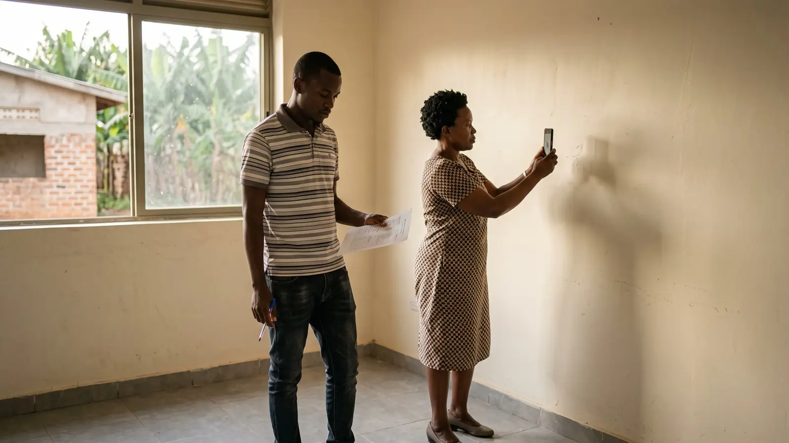 A landlord photographing a wall with her phone during a move-out inspection while the tenant holds the condition checklist