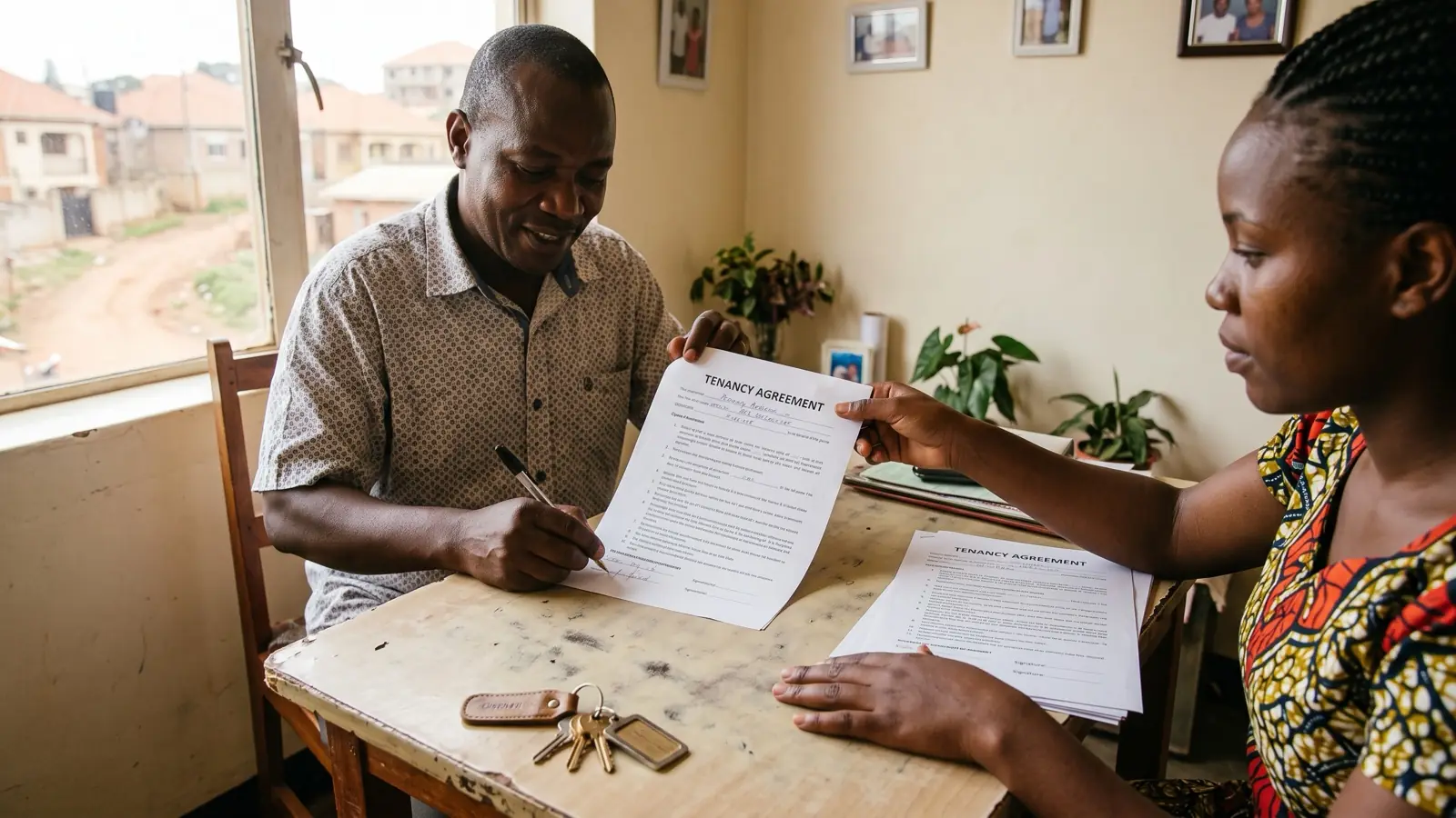 A landlord and tenant signing two copies of a tenancy agreement at a table, with keys ready